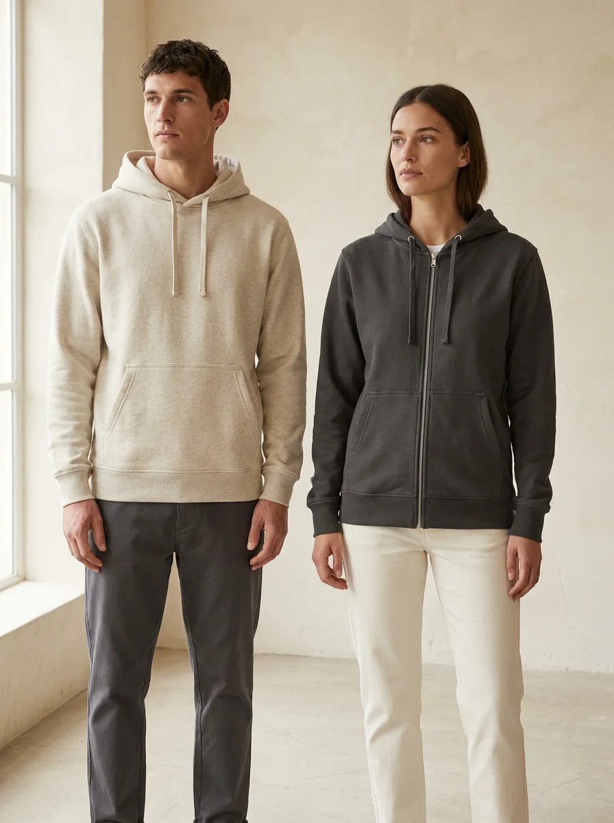Concept visual: a plain oatmeal pullover hoodie and a plain charcoal zip-up hoodie, worn by two models