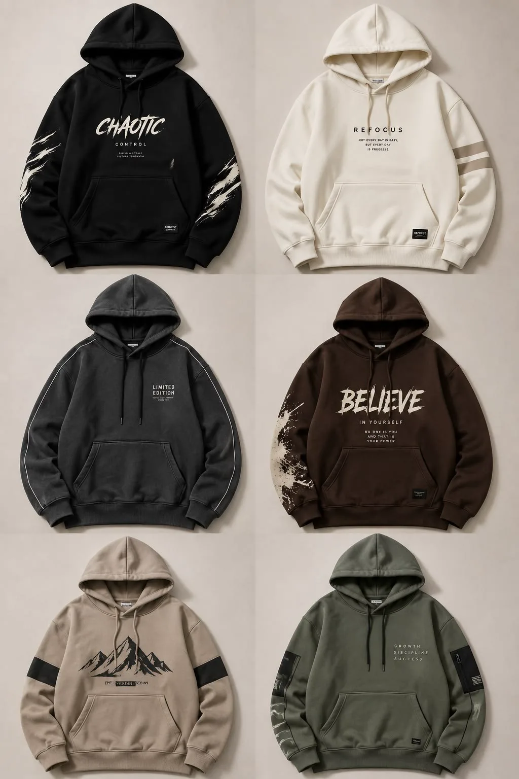 Concept visual: printed graphic hoodies in six colours