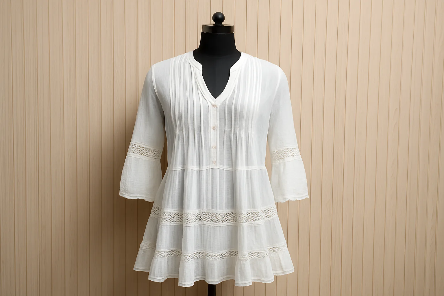 Front view of a white pintuck lace-trim tunic top on a dress form