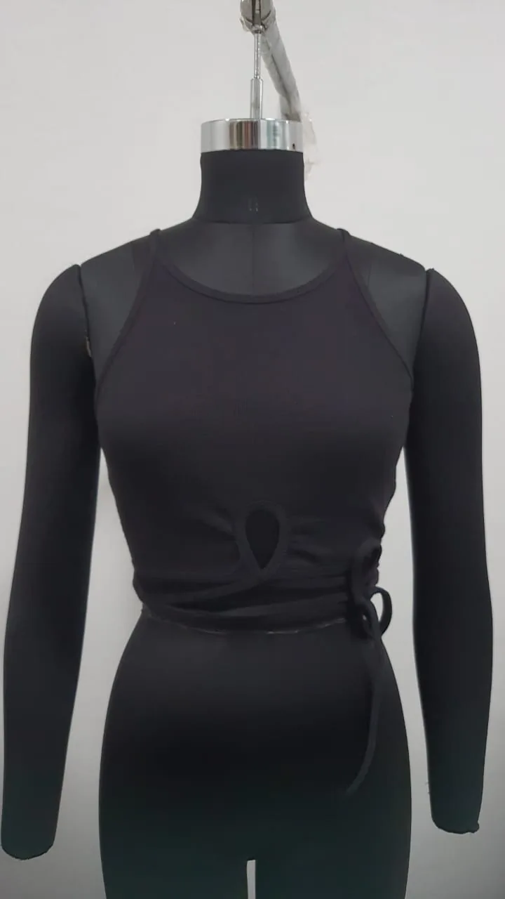 Front view of a black tie-wrap knit tank top on a dress form
