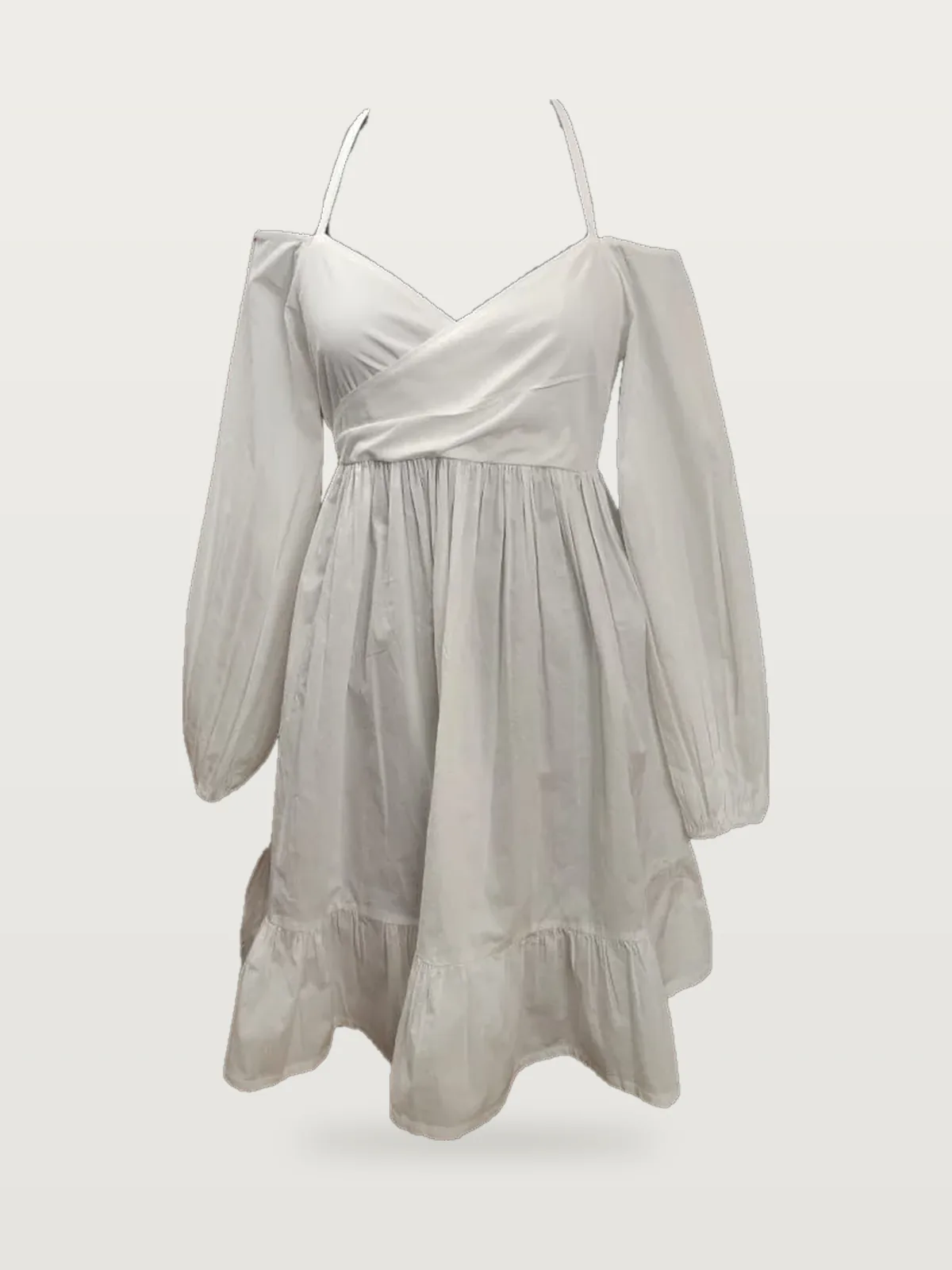Front view of a white cold-shoulder halter wrap mini dress on a dress form