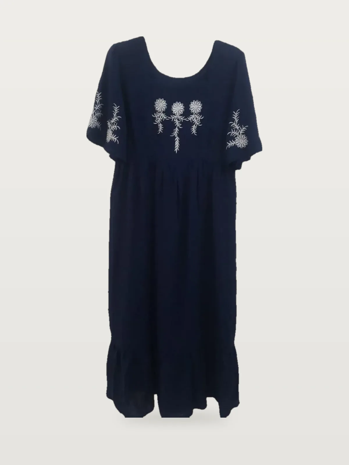 Front view of a navy embroidered flutter-sleeve maxi dress on a hanger