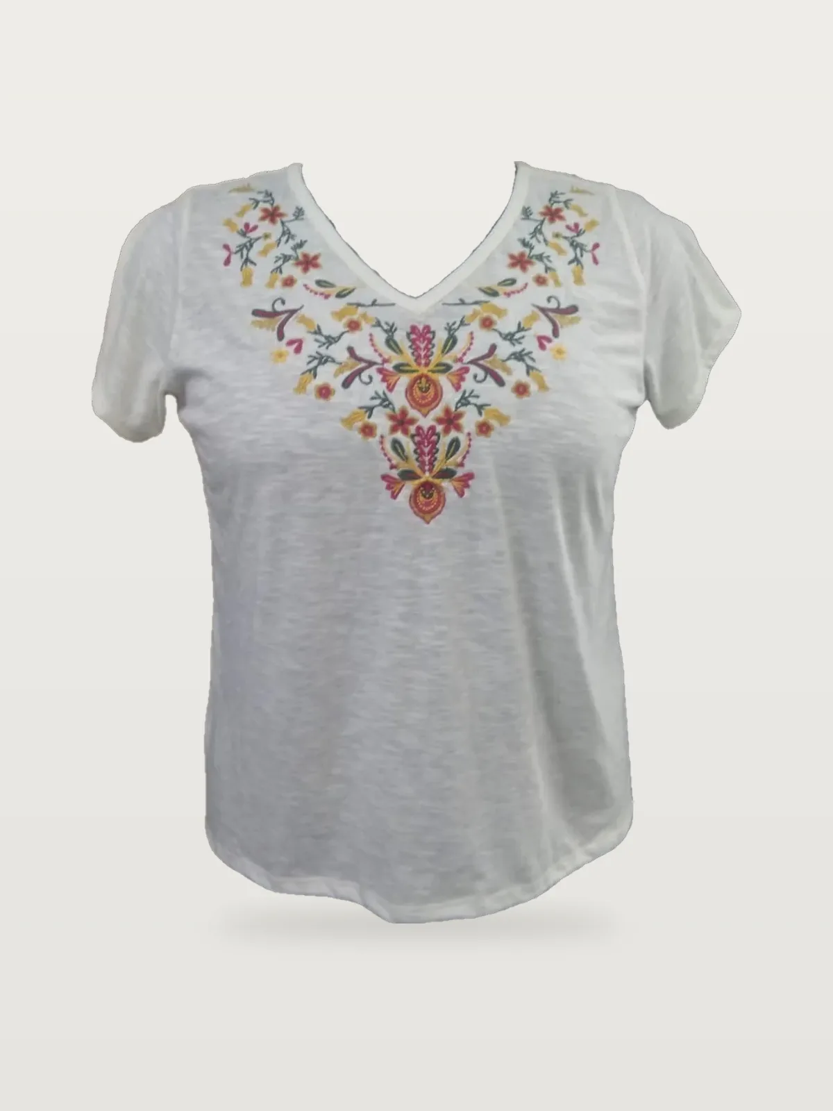 Front view of a white embroidered-neck slub jersey tee on a dress form