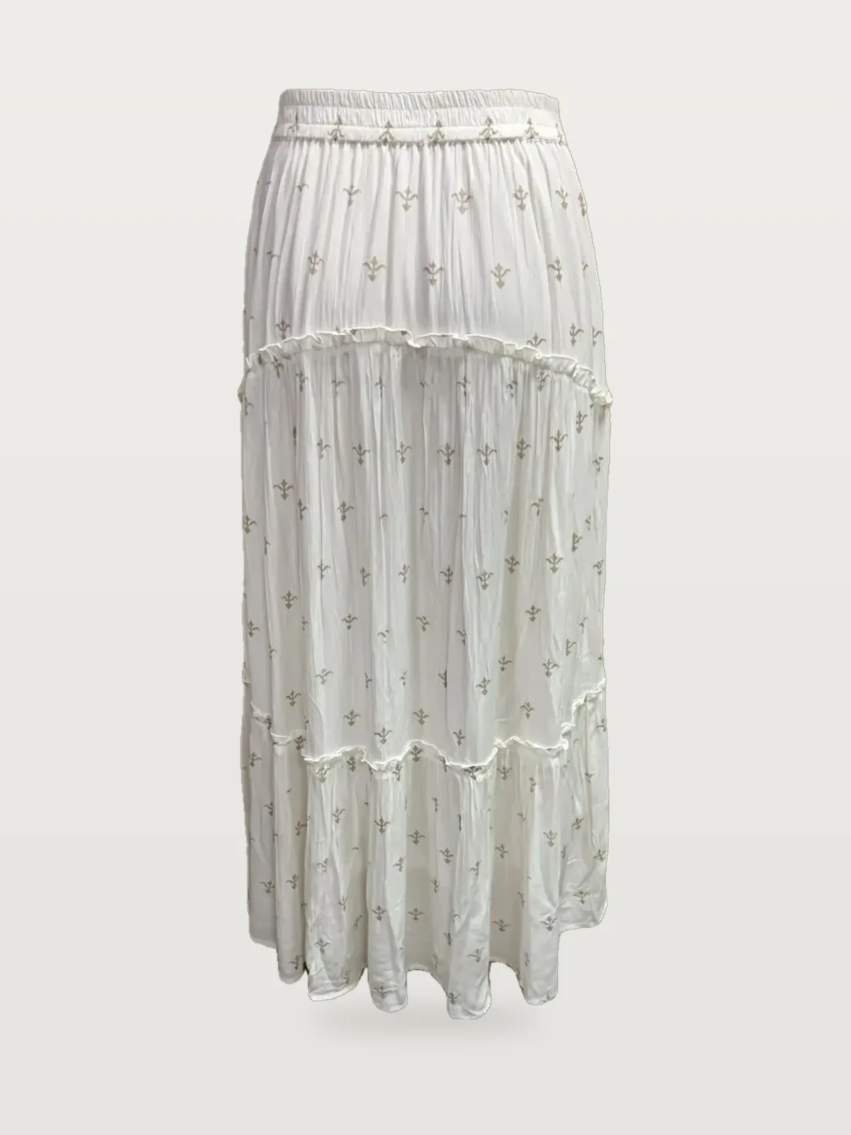 Front view of a white embroidered tiered maxi skirt on a dress form
