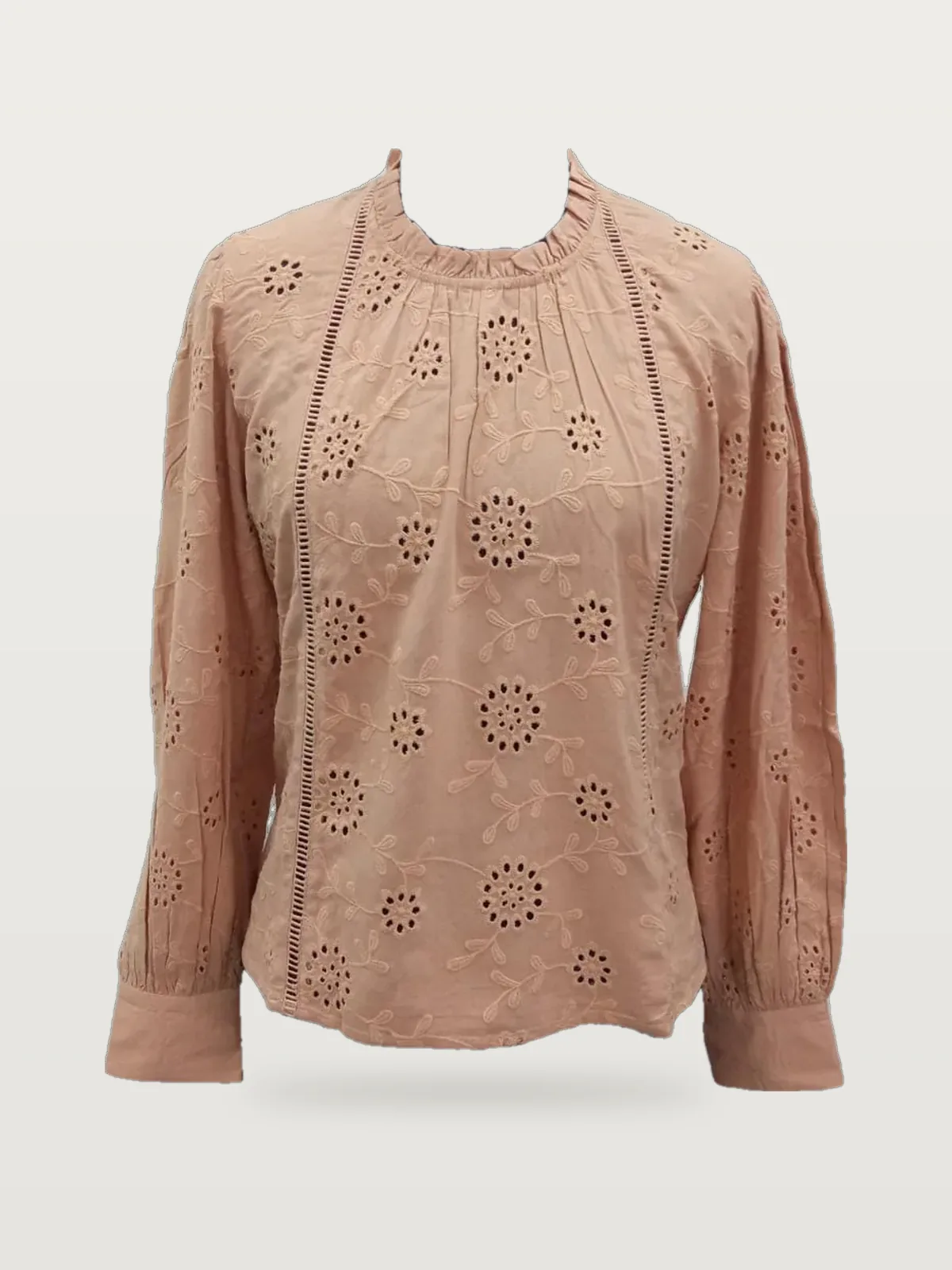 Front view of a peach eyelet ruffle-neck long-sleeve blouse on a dress form