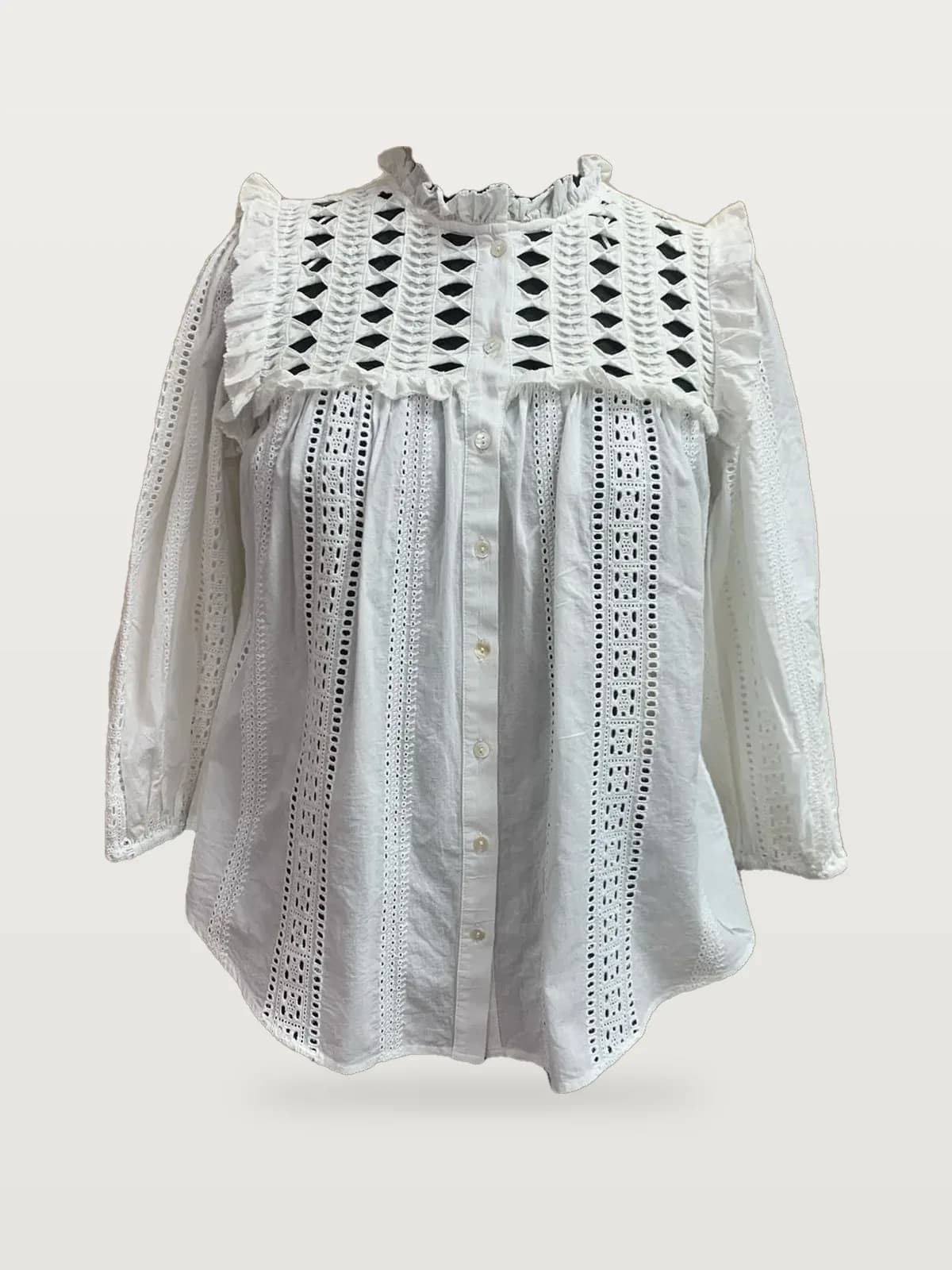 Front view of a white eyelet ruffle-yoke button blouse on a dress form