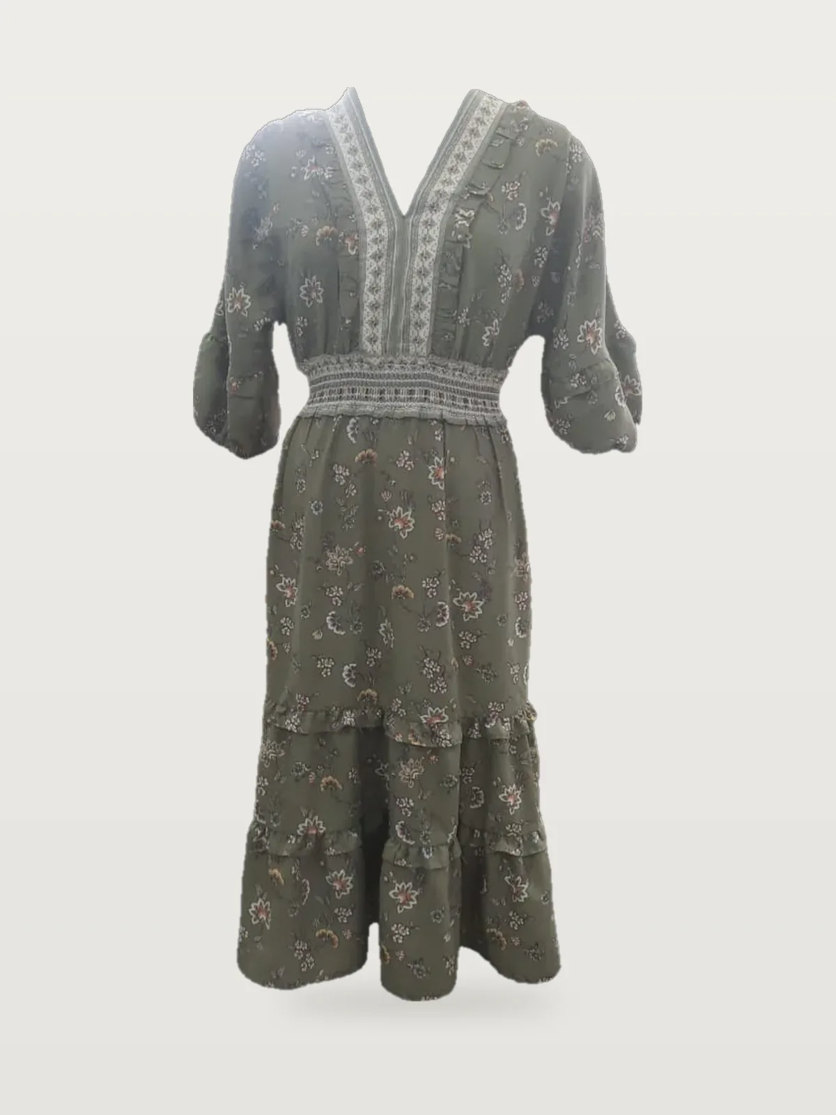 Front view of an olive floral floral smocked-waist tiered midi dress on a dress form
