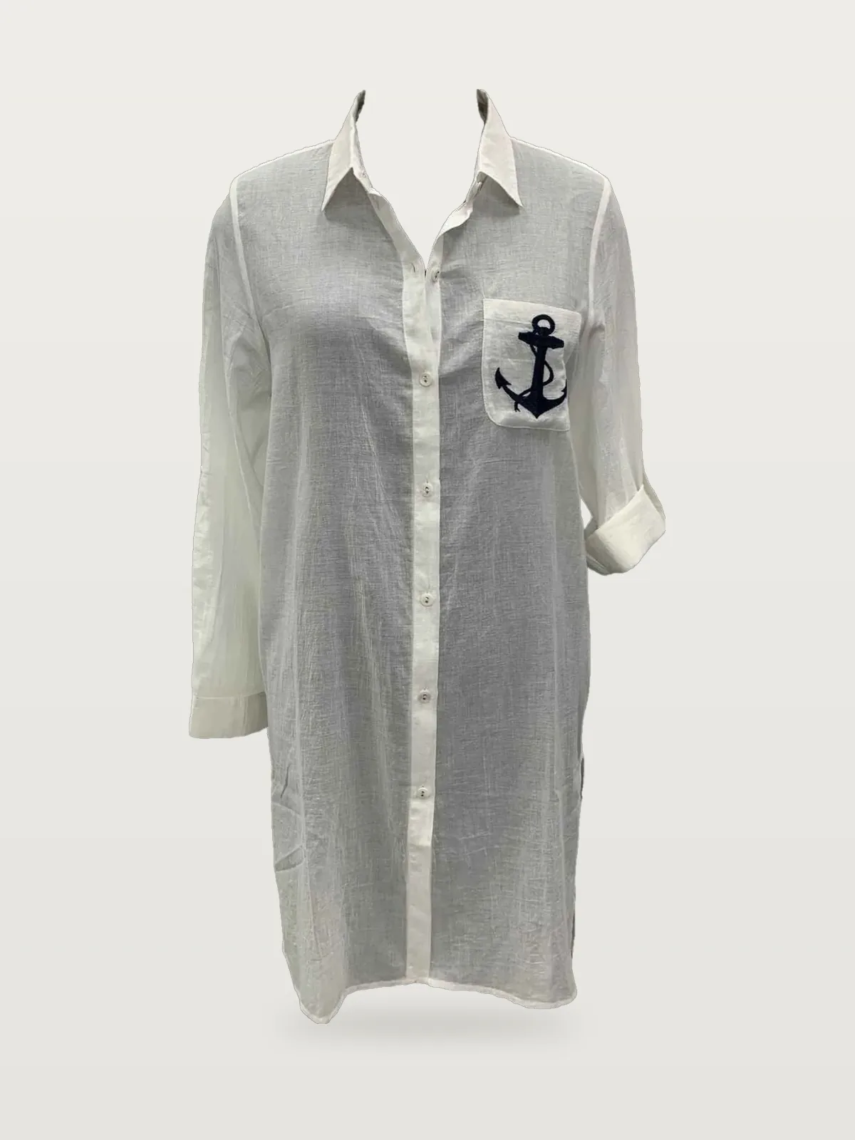 Front view of a white with navy gauze shirt-dress cover-up with embroidered pocket on a dress form
