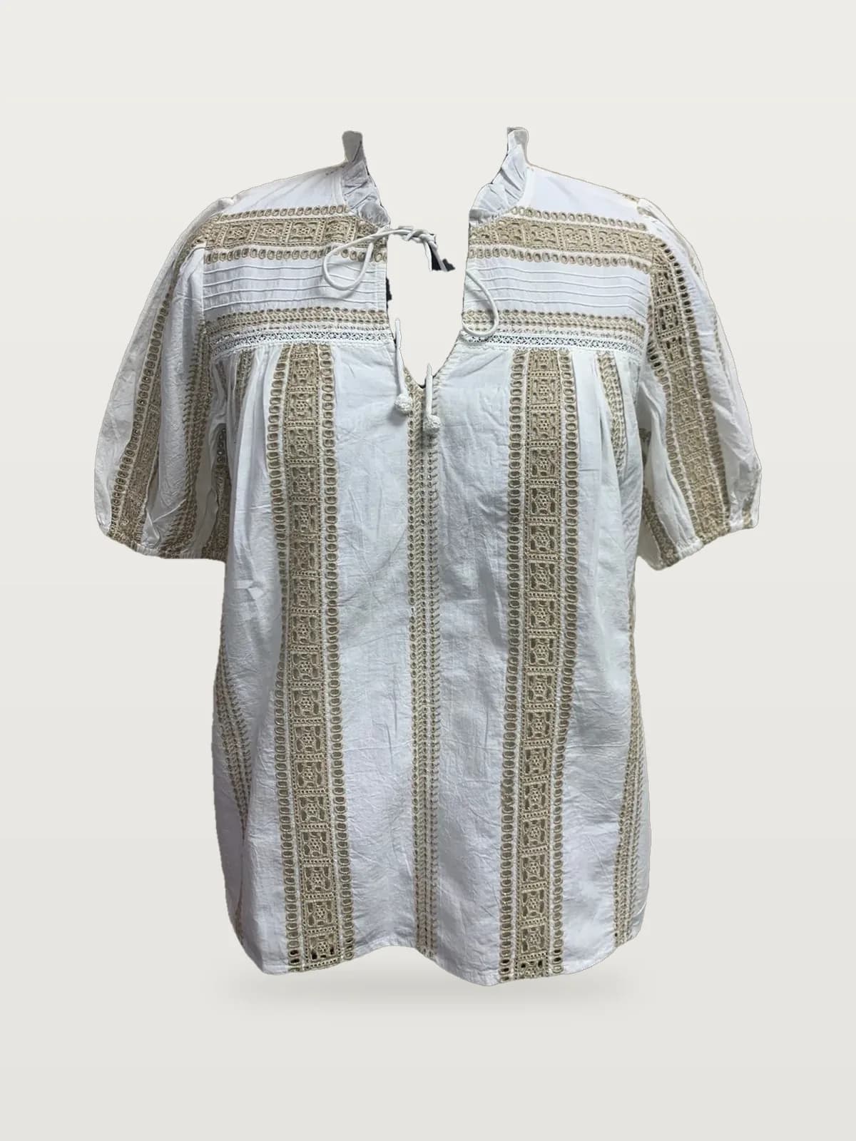Front view of a white and beige lace-insertion puff-sleeve blouse on a dress form