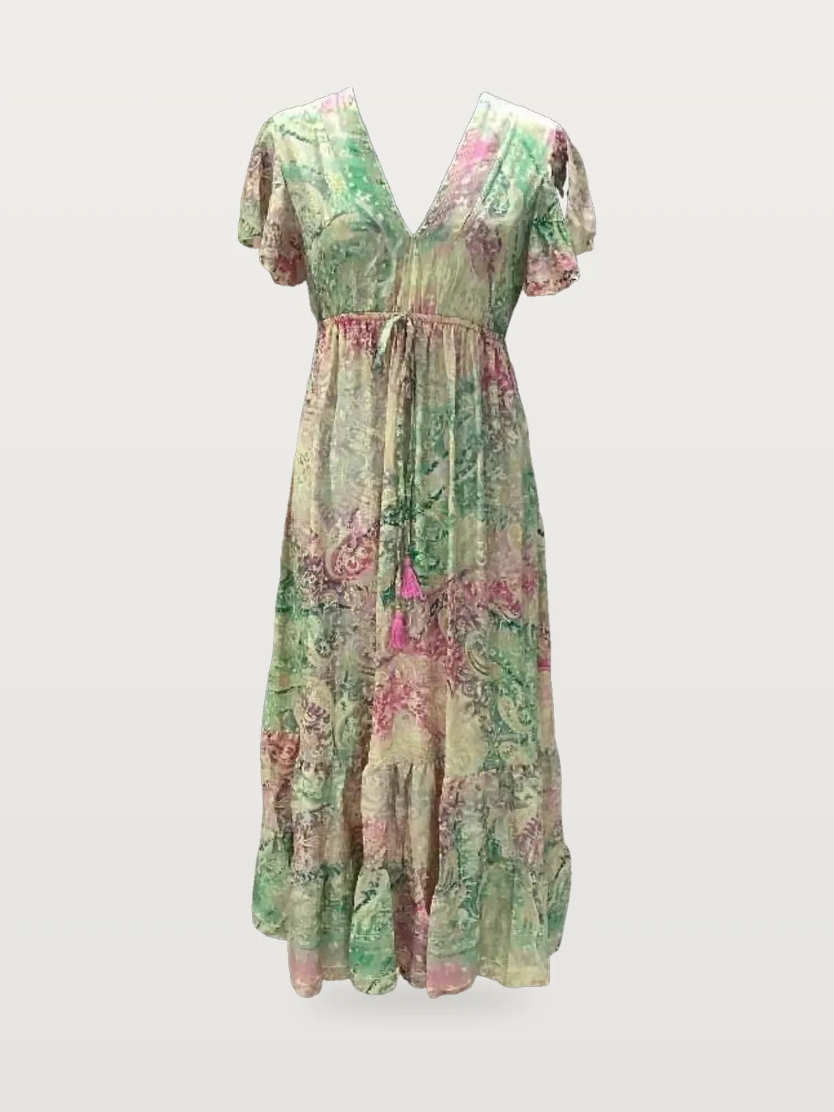 Front view of a green, pink and gold paisley flutter-sleeve maxi kaftan dress on a dress form