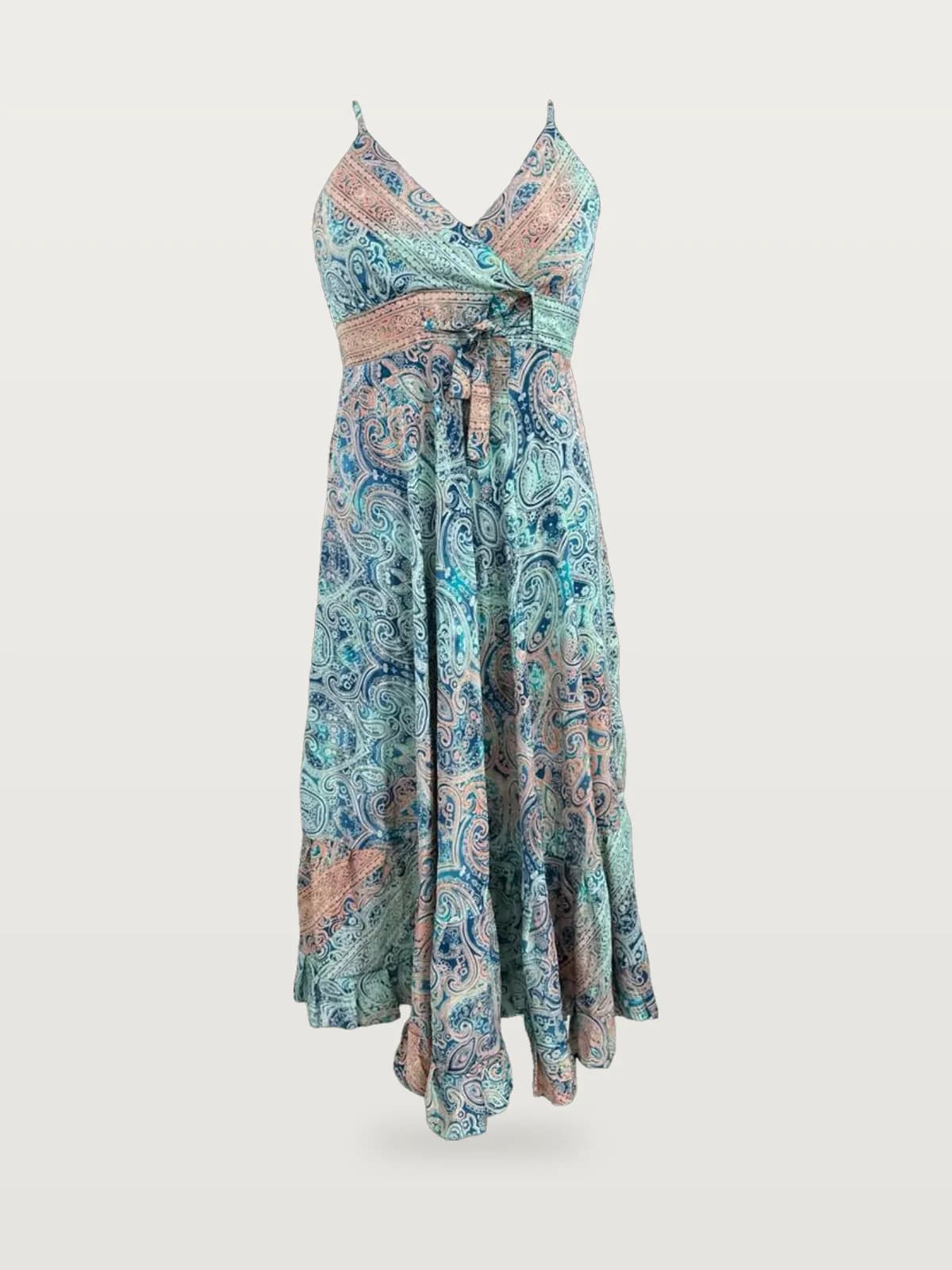 Front view of an aqua paisley paisley strappy cut-out maxi dress on a dress form
