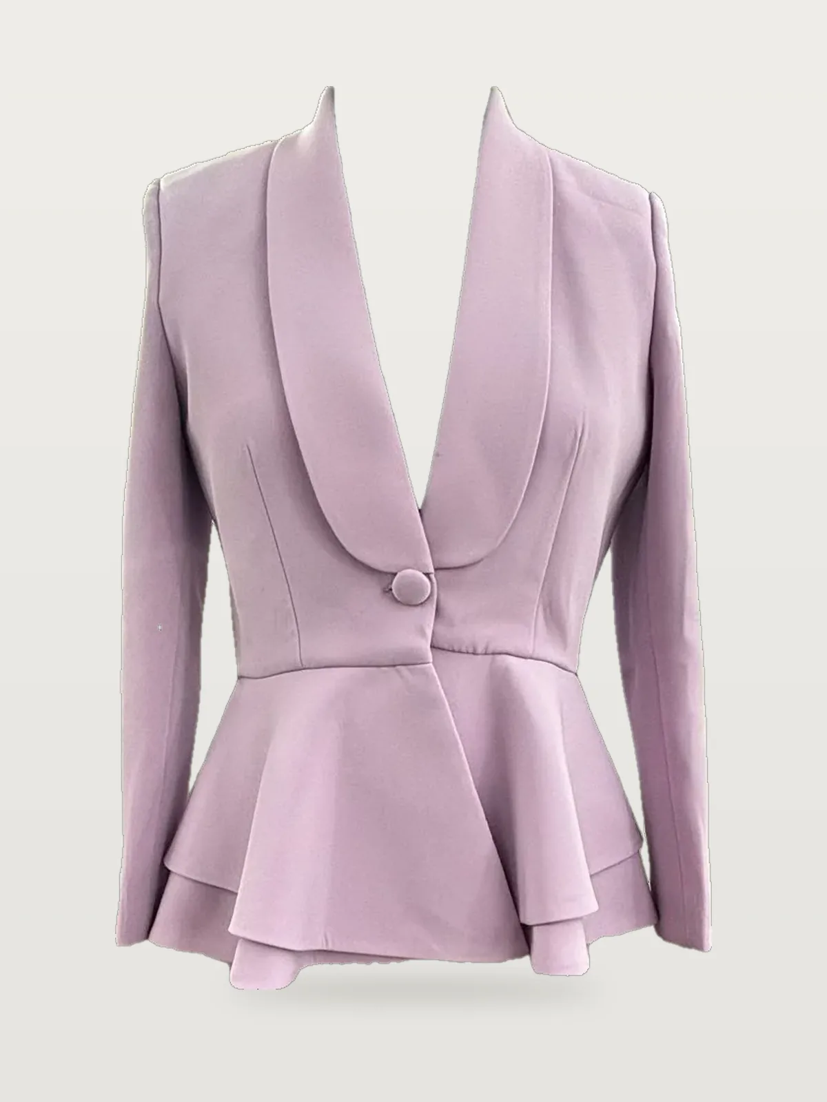 Front view of a lilac peplum blazer and trouser suit on a dress form
