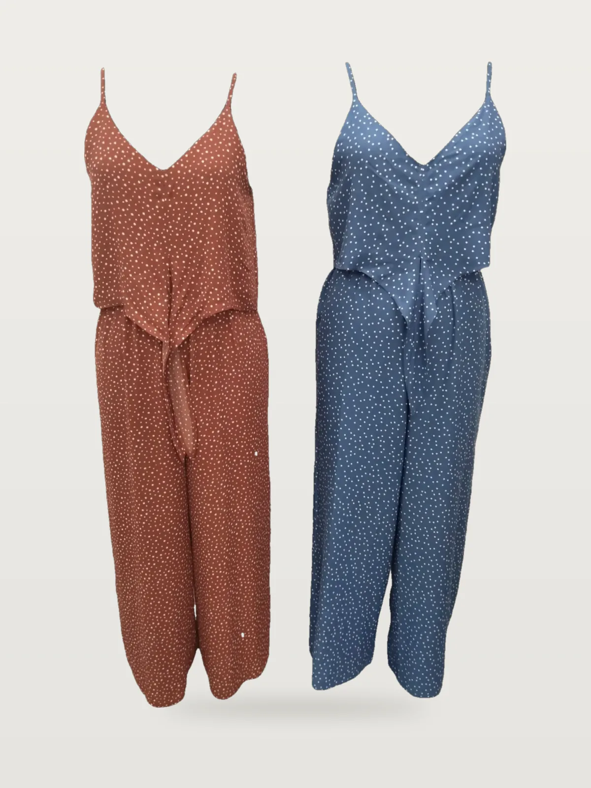 Polka-dot cami jumpsuit shown in rust and blue