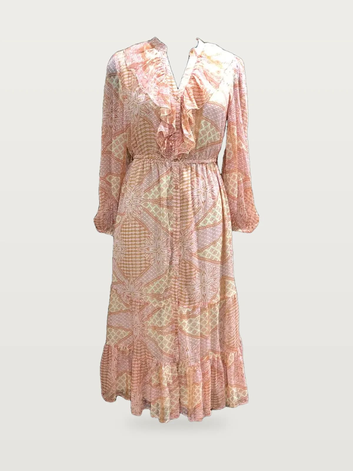 Front view of a peach printed ruffle-neck long-sleeve maxi dress on a dress form