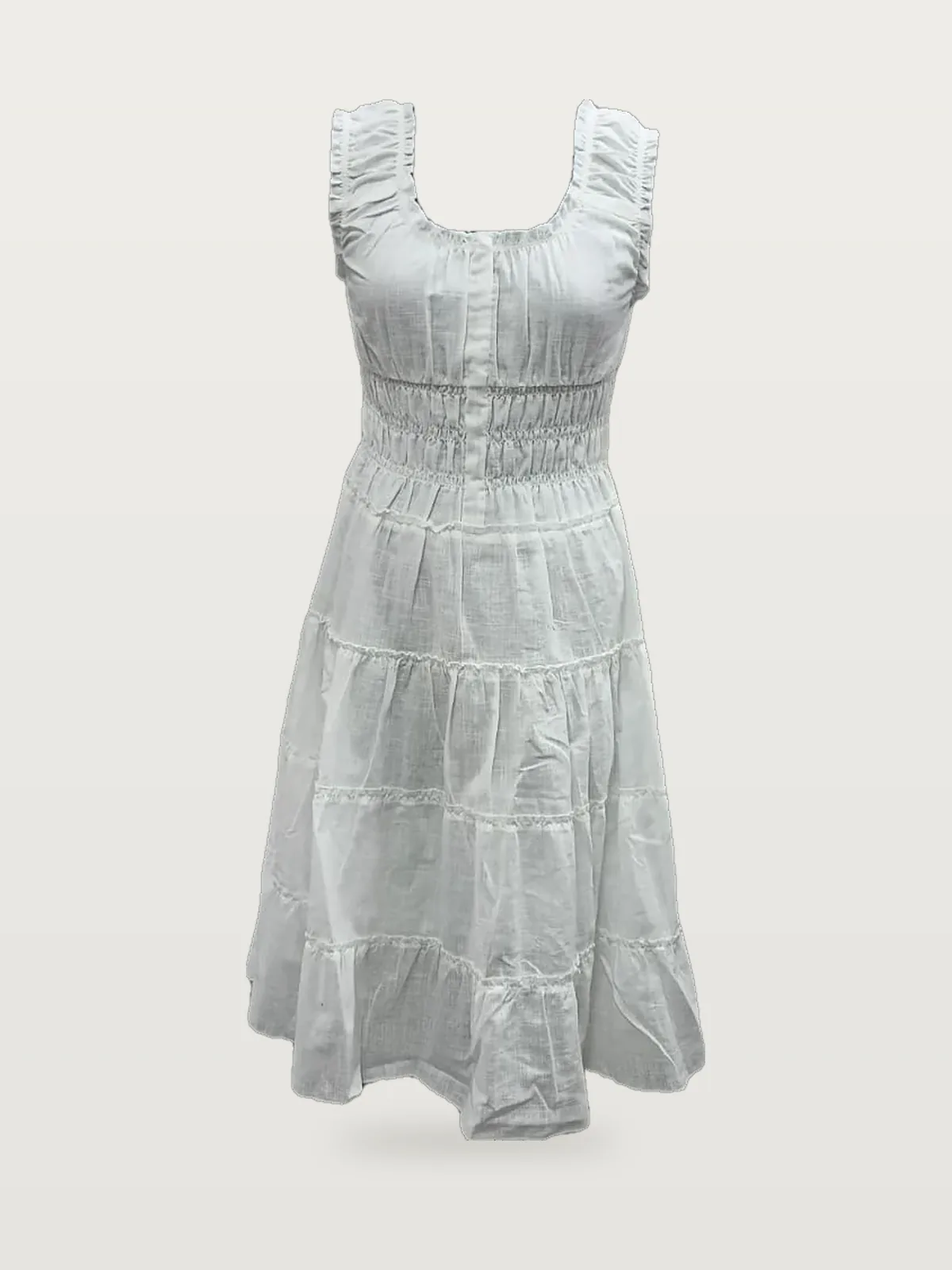 Front view of a white smocked square-neck tiered midi dress on a dress form