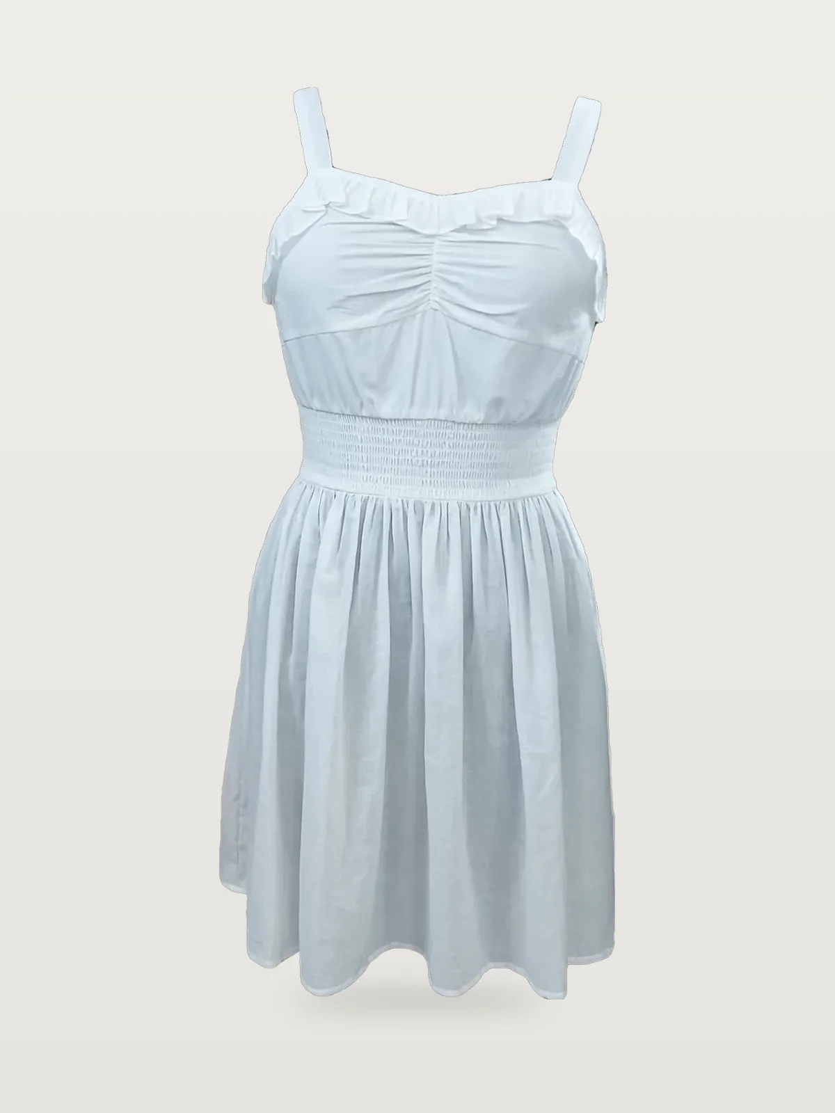 Front view of a white sweetheart smocked-waist mini dress on a dress form