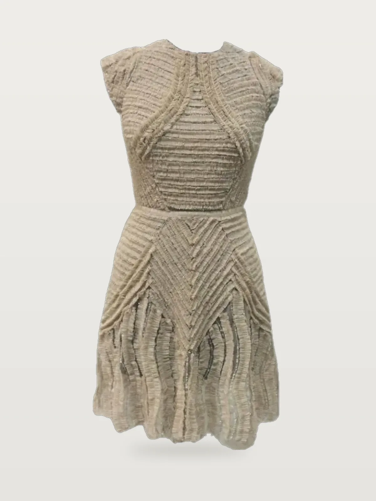 Front view of a beige textured sleeveless fit-and-flare dress on a dress form