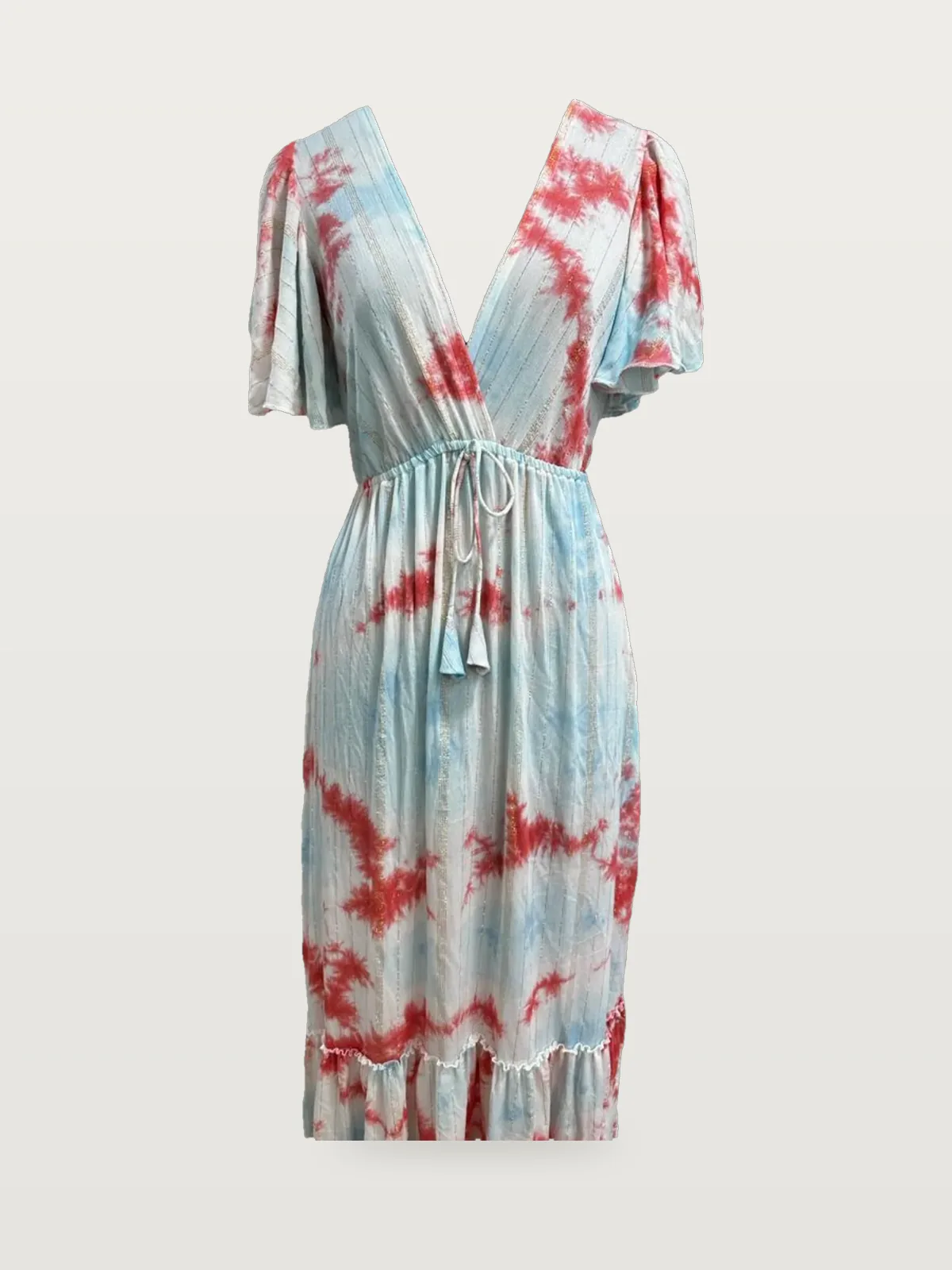 Front view of an aqua and red tie-dye flutter-sleeve maxi kaftan dress on a dress form
