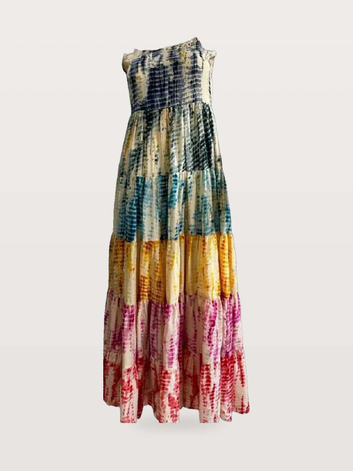 Front view of a multicolour tie-dye tiered maxi sundress on a dress form